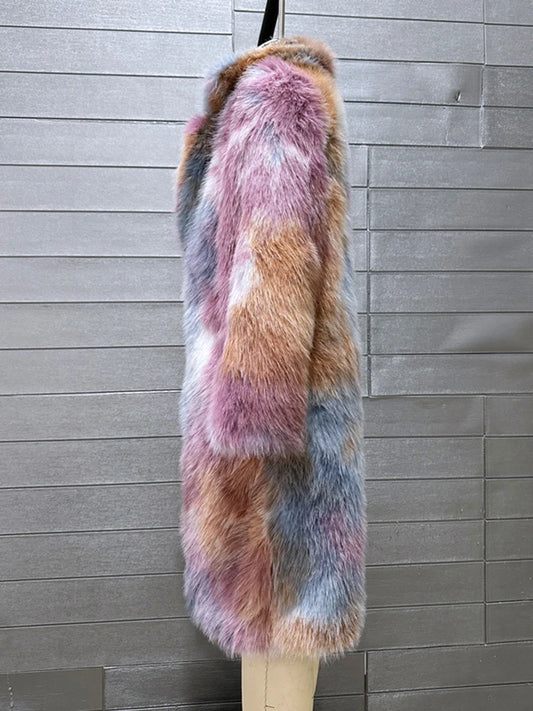 Multi Color Luxury Lapel Faux Fox Fur Long Coat