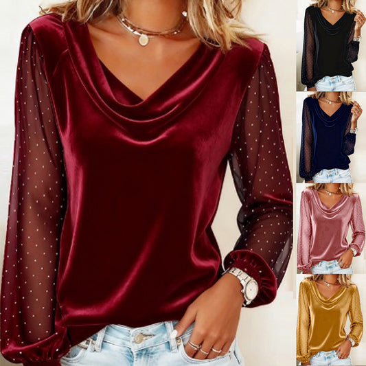 Women's Long Sleeve Diamond Mesh V-neck Velvet Blouse