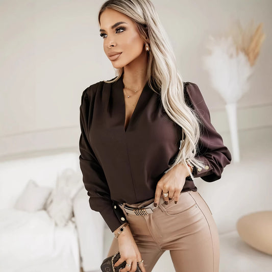 Urban Chic Solid-Color V-Neck Commuter Blouse