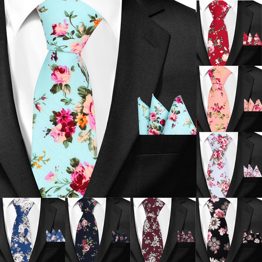 Casual Cotton Floral Print 6cm Casual Tie Pocket Square 2 Piece Set