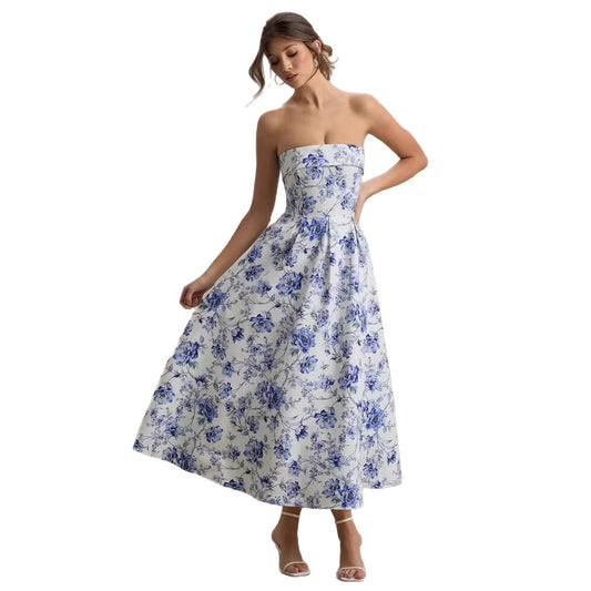 Elegant Floral Strapless Waist-Cinched Off-Shoulder Dress
