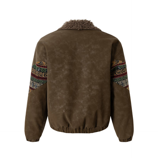 Retro Ethnic Style Woven Belt Splicing Leather Jacket