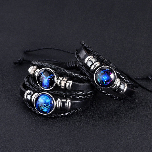 12 Constellations Horoscope Glass Alloy Beaded Glow Leather Bracelet