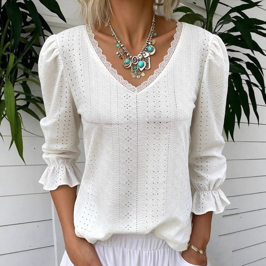 Women's V Neck Hollowed Out Mid Sleeve Top