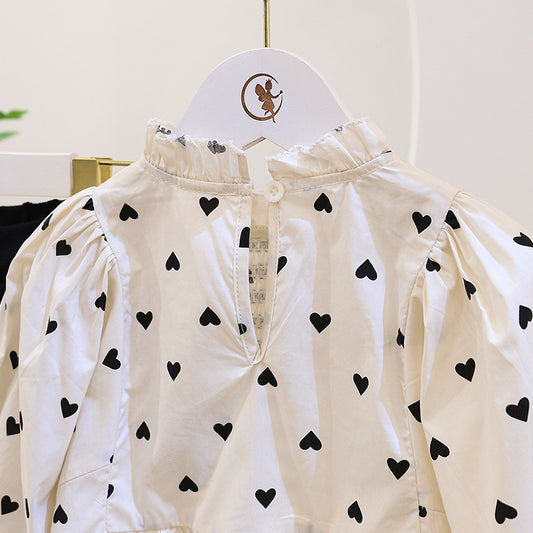 Girl Bow and Heart Shirt Top with Flared Pants Two-piece Set Cotton