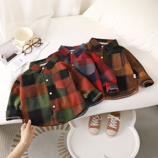 1 - 10 Years Unisex Plaid Contrast Long Sleeve Turn Down Collar Shirt