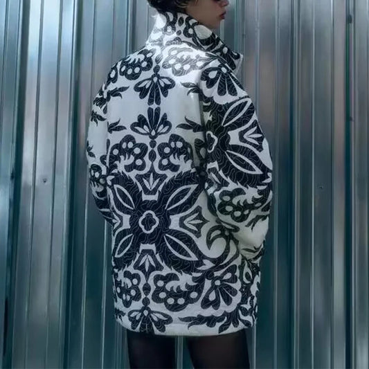 Women Black and White Printed Quilted Cotton Parka Jacket