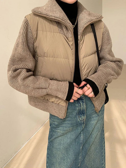 Warm Brown Cotton Padded Patchwork Knitted Parka Jacket