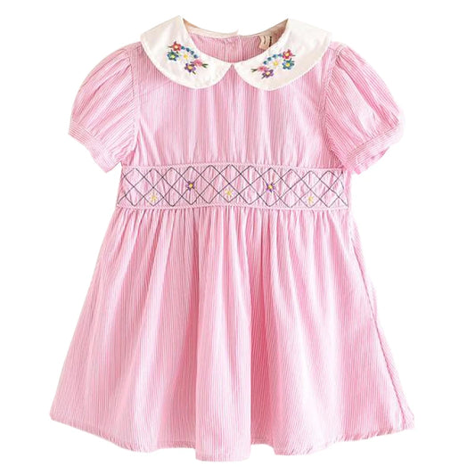 4 - 8 Years Smocked Princess Embroidery Floral Solid Color Vintage Dress