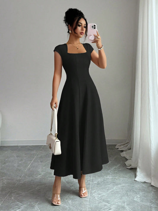 Square-neck Waist-cinched, Flared A-line Midi Dress With Short Sleeves
