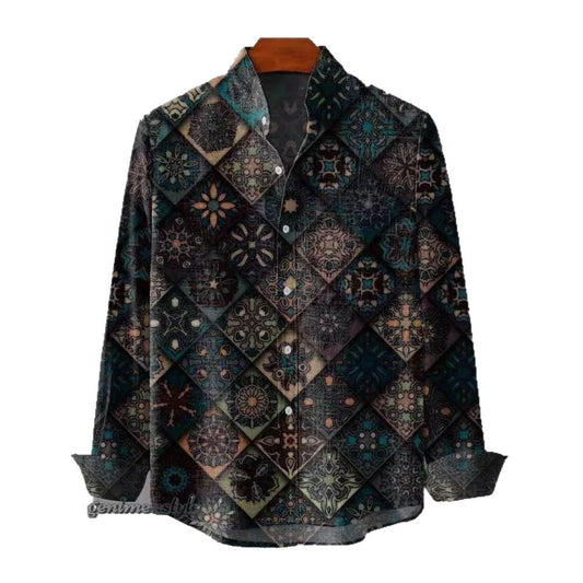 Mens Linen Stand Up Collar With Irregular Striped 3D Print Long Sleeve Shirt - Relaxed Fit